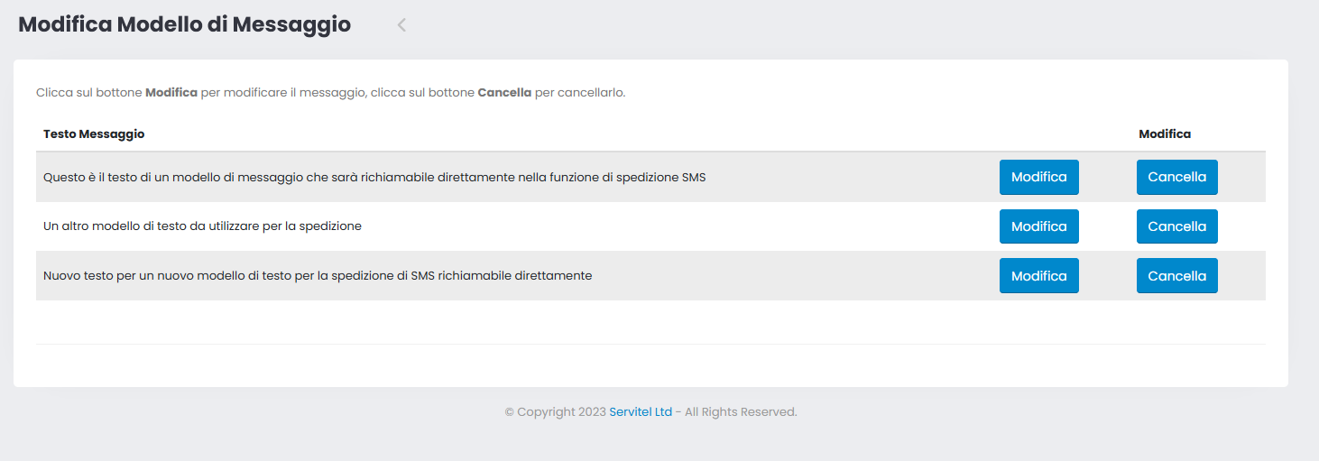 Cancellazione / modifica modello di testo SMS