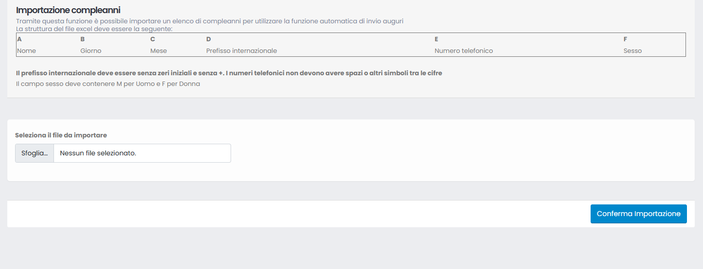 Importazione compleanno SMS