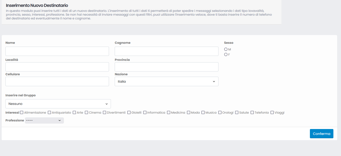 Invio SMS Gestione destinatari Inserimento completo