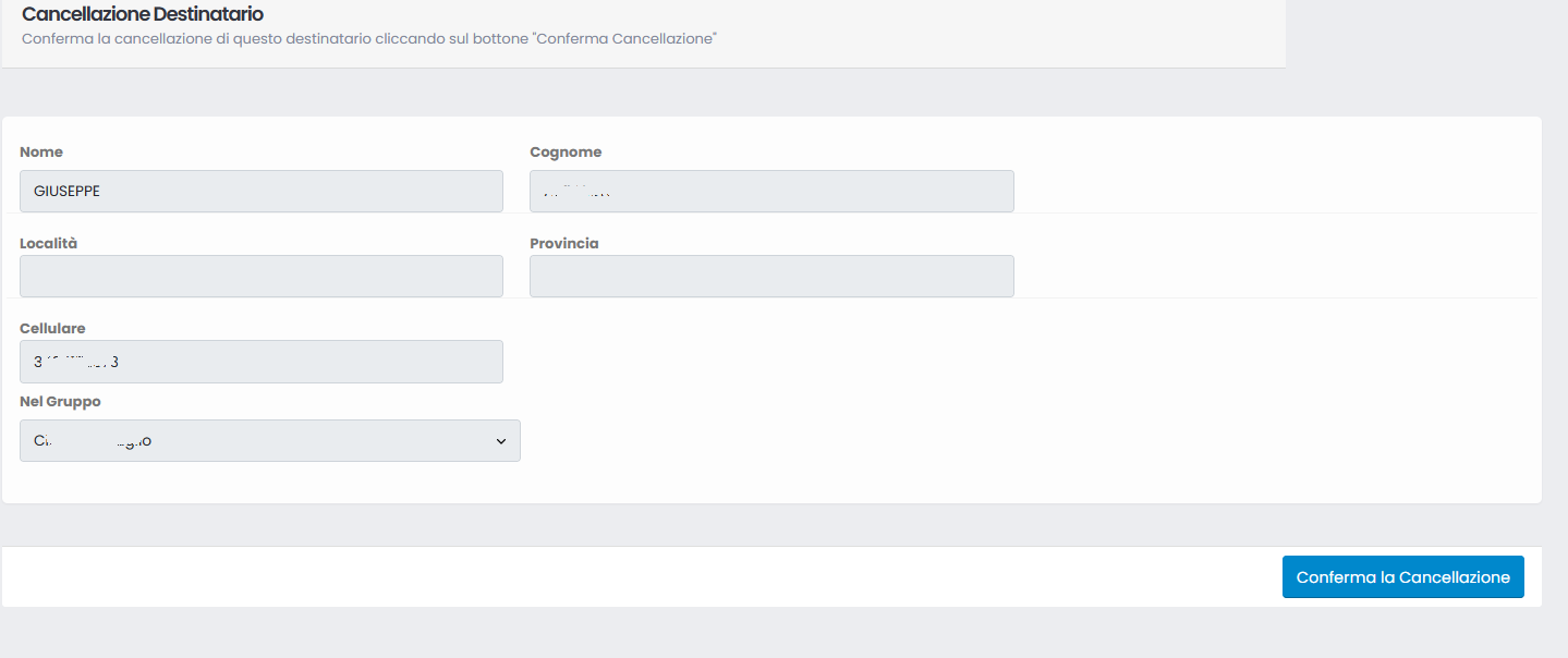 Invio SMS Gestione destinatari Cancellazione destinatario