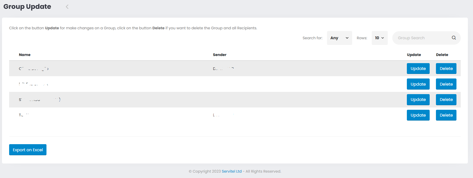 Invio SMS update or delete group